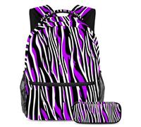 Fatti notare con il nostro set zaino e astuccio, l'ultimo set di zaini per la scuola per ragazzi, ragazze e adolescenti, strisce zebrate viola, Multicolore, B:29.4x20x40cm P:19x7.5x3.8cm, Zaini