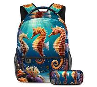 Fatti notare con il nostro set zaino e astuccio, l'ultimo set di zaini per la scuola per ragazzi, ragazze e adolescenti, carino cavalluccio marino, Multicolore, B:29.4x20x40cm P:19x7.5x3.8cm, Zaini