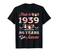 Fatto nel 1939 86 Year Of Being Awesome Floral Birthday Women Maglietta