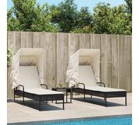 Faucqir 2 lettini prendisole con tetto e tavolo, nero, in polyrattan, da giardino, per piscina, balcone, terrazza, per esterni, benessere, riposo, vacanze