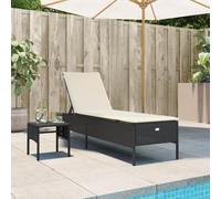 Faucqir Sdraio da giardino con tavolo e cuscino, nero, in polyrattan, 198 x 55 cm, regolabile in 5 posizioni, con cuscino rimovibile e lavabile, per terrazza, balcone, esterno, benessere