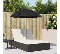 Faucqir Sdraio doppio con cuscino e ombrellone nero, in polyrattan, sdraio da giardino con schienale regolabile, lettino da piscina e sdraio da terrazza, per il benessere all'aperto e il relax in