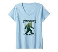 Fauna Selvatica Locale: Avventura nella Foresta di Bigfoot per Gli Amanti della Natura Maglietta con Collo a V, Donna, Celeste, L