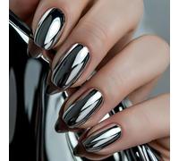 Faux Ongles Court MouyouGlow,Carré Nero Chrome Unicolore Mirror Metallic Design Press on Nails,Black Spiegel Plain Pure Colour Fake Nails per Donna