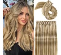 FAVE Extension in capelli veri, 45 cm, 8 pezzi, 100 g, invisibili e delicati sulla pelle: tessuto a farfalla con micro perle e doppie pastiglie - biondo misto