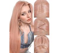 FAVE Parrucca liscia lunga 65 cm, rosa cenere - 13 x 4 HD, pizzo trasparente, sintetico, senza adesivo, per tutti i giorni e le feste