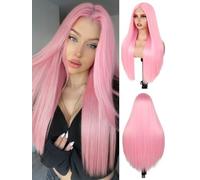 FAVE Parrucca Rosa Donna, Liscia Lunga Rosa Chiaro Ripartita Al Centro | Aspetto naturale, riga centrale, cappuccio regolabile traspirante. Capelli senza grovigli per tutti i giorni e cosplay