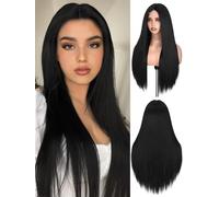 FAVE Parrucche nere da donna, lunghezza 66 cm, parrucca sintetica con riga centrale, parrucca nera, dall'aspetto naturale, per uso quotidiano, feste e cosplay