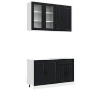 Favemtsl Mobile da cucina Porto, 4 pezzi, nero, in legno | Cucina compatta da incasso per piccoli spazi con sicurezza a parete, armadio in vetro e molto spazio per stoviglie e utensili
