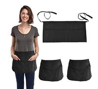 Favengo Grembiuli corti neri per bistrò, ristorante, giardinaggio, cameriere, con cinghie extra lunghe e grandi tasche frontali per catering, lavoro, 3 pz.