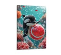FAVIRXPYU Poster decorativo da parete su tela con orca che gioca con la palla rossa sott'acqua, decorazione moderna per la camera da letto, 20 x 30 cm
