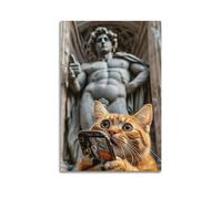 FAVIRXPYU Poster decorativo da parete su tela, motivo: gatto arancione che prende selfie con animali davanti alla statua, decorazione moderna per la camera da letto, 30 x 45 cm