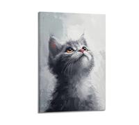 FAVIRXPYU Quadro decorativo da parete su tela, motivo: gatto grigio che guarda in alto, decorazione moderna da parete per camera da letto, 40 x 60 cm
