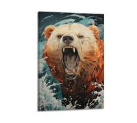 FAVIRXPYU Quadro decorativo da parete su tela, motivo: orso ruggente tra le onde, decorazione moderna per camera da letto, 40 x 60 cm