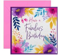 Favoloso biglietto di compleanno femminile per lei, splendido design con fiori ad acquerello fluo, biglietto quadrato, interno bianco con busta