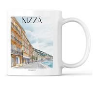 favplace Tazza con motivo città di Nizza, Côte d'Azur Francia, idea regalo o regalo per la voglia di casa o la casa, da viaggio, 330 ml, colore bianco