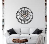 FAWdecor Grande orologio da parete rotondo in metallo, con albero della vita, silenzioso, senza ticchettio, funzionamento a batteria, al quarzo, silenzioso, per la casa (nero, 50 cm)