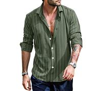 FAWHEWX Camicia a Maniche Lunghe Casual da Uomo Camicia a Maniche Lunghe con Bottoni a Righe e Scollo a V Camicia a Maniche Lunghe da Uomo Estiva Semplice a Righe(D-Verde/L)