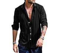 FAWHEWX Camicia a Maniche Lunghe Casual da Uomo Camicia a Maniche Lunghe con Bottoni a Righe e Scollo a V Camicia a Maniche Lunghe da Uomo Estiva Semplice a Righe(B-Nero/XXL)