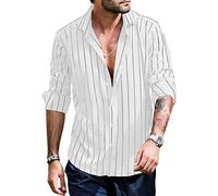 FAWHEWX Camicia a Maniche Lunghe Casual da Uomo Camicia a Maniche Lunghe con Bottoni a Righe e Scollo a V Camicia a Maniche Lunghe da Uomo Estiva Semplice a Righe(Un bianco/3XL)