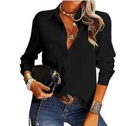 FAWHEWX Camicia abbottonata da Donna con Taschino a Maniche Lunghe Camicia da Ufficio da Lavoro Top Estivo Slim Casual Tinta Unita Camicia a Tunica Allentata Polo Top(B-Nero/XXL)