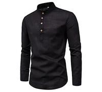 FAWHEWX Camicia Casual da Uomo in Lino di Cotone vestibilità Regolare Manica Lunga con Bottoni Camicia Casual da Uomo in Lino Colletto alla Coreana Camicia Casual Sottile Pullover(B-Nero/XXL)