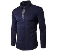 FAWHEWX Camicia da Uomo alla Moda con Risvolto in Oro Ricamo Design Slim Fit Manica Lunga con Bottoni Camicia da Uomo a Maniche Lunghe Camicia con Bottoni per Festa di Nozze Prom(RE-Blu(A)/XXL)