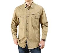 FAWHEWX Camicia da Uomo con Bottoni in Cotone Lavato Giacca Casual a Maniche Lunghe Camicia da Uomo a Maniche Lunghe con Due Tasche vestibilità Regolare Camicia Casual a Maniche(E-Cachi/XXL)