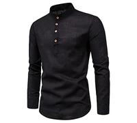 FAWHEWX Camicia da Uomo in Cotone e Lino a Maniche Lunghe Henley Casual Etnica abbottonata Slim Fashion Henley Colletto alla Coreana Camicia da Uomo a Maniche Lunghe(B-Nero/3XL)