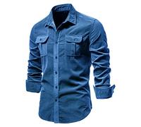 FAWHEWX Camicia da Uomo in Velluto a Coste a Maniche Lunghe con Bottoni Abbigliamento da Lavoro Camicia Casual da Uomo con Risvolto Camicia Slim da Lavoro di Base con Taschino(G-Blu 1/3XL)