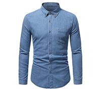 FAWHEWX Camicia di Jeans Azzurra Classica da Uomo Colletto a Punta Camicia di Jeans Slim Fit Tinta Unita Camicia di Jeans Casual da Uomo in Cotone con Bottoni in Metallo(Un Blu/M)