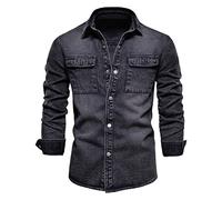 FAWHEWX Camicia di Jeans da Uomo in Cotone Elasticizzato Camicia da Lavoro con Bottoni sul Risvolto Giacca di Jeans Cappotto da Uomo Slim Fit Regular Fit con Tasche(Un Nero/L)