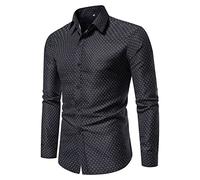 FAWHEWX Camicia Elegante da Uomo d'Affari Camicia a Maniche Lunghe dal Taglio Regolare Camicia Casual con Bottoni Stampati a Pois Camicia da Lavoro Casual da Uomo Slim Fit(B-Nero/S)