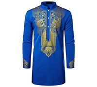 FAWHEWX Polo a Maniche Lunghe da Uomo T-Shirt Casual a Righe in Cotone a Maniche Lunghe da Uomo Camicia Lunga con Stampa Totem Camicia Stile Africano Casual Regular Fit Tinta Unita Top(C-Blu/L)
