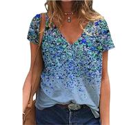 FAWHEWX T-Shirt da Donna con Scollo a V con Stampa Floreale Vintage T-Shirt Estiva Casual a Maniche Corte Allentata T-Shirt fluida da Donna Camicie a Tunica Casual(E-Blu/4XL)