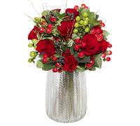 Faxiflora Bouquet di rose rosse con bacche verdi e rosse con verde decorativo