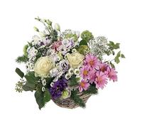 Faxiflora Cesto con rose bianche, margherite rosa, lisianthus bianchi screziati e verde decorativo