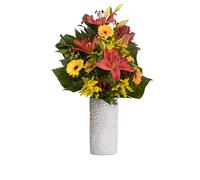 Faxiflora Mazzo composto da lilium arancio, gerbere gialle con solidago giallo e verde decorativo