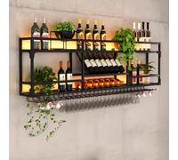 FAXJRU Porta bottiglie Da Parete, Portabottiglie da Appendere, Doppio Portabicchieri da Vino in Metallo con Portabicchieri Alto, Mensola da Soffitto per bar, portaoggetti per bar,(Black,180cm/71in)