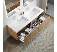 FAYICIC 140 cm supporto da parete lavabo da bagno con 2 lavandini rettangolari bianchi in resina, armadietto in compensato a righe con 2 cassetti, venature del legno naturale (140 x 46 x 50 cm)