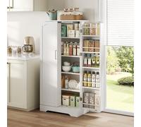 FAYICIC 60 × 35 × 128 cm, bianco, mobile da cucina multifunzione con luce a sensore LED, ripiani regolabili in altezza, doppia porta con vano portaoggetti, dispositivo di protezione antiribaltamento