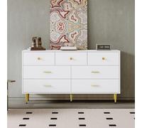 FAYICIC Credenza bianca, 7 cassetti, maniglie dorate, gambe dorate, guide per cassetti lisce, 140 x 35 x 76 cm, credenza per sala da pranzo