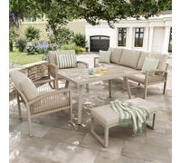 FAYICIC Divano da giardino intrecciato a mano per 7 persone con braccioli/robusto telaio in ferro e imbottitura beige/completo di tavolo (vetro effetto legno) e 2 poltrone per terrazze resistenti alle