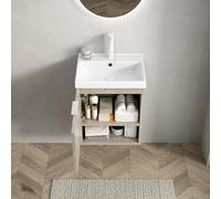 FAYICIC Lavabo da parete da 42 cm, con lavabo rettangolare in ceramica bianca, armadio a righe con doppia ante e ripiano aperto, rovere color crema con venature del legno (42 x 32 x 53 cm)