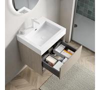 FAYICIC Lavabo da parete da 55 cm, con vasca rettangolare in resina bianca, in compensato, con cassetto e uno scaffale aperto, rovere chiaro, venature del legno (55 x 46 x 60 cm)