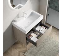 FAYICIC Lavabo da parete da 70 cm, con vasca rettangolare in resina bianca, in compensato, con cassetto e uno scaffale aperto, rovere chiaro, venature del legno (70 x 46 x 60 cm)
