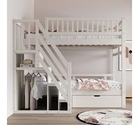 FAYICIC Letto a castello in legno massello 90 x 200 cm, con rete di sicurezza alta, con rete a doghe, scala di sicurezza con vano portaoggetti, letto per ragazzi (bianco)