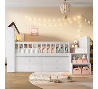 FAYICIC Letto a mezza altezza, 90 x 200 cm, forma domestica, finestra, 4 cassetti, striscia luminosa a LED, scala cuscinetto, senza materasso, bianco