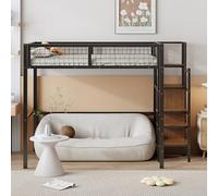 FAYICIC Letto a soppalco 140 x 200 cm con scala, lettino con telaio in ferro e scaffalatura, armadio (nero)