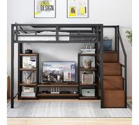 FAYICIC Letto a soppalco 140 x 200 cm, con supporto TV, presa e scala di sicurezza, stabile combinazione di metallo e legno, moderno letto a castello per bambini con pratico spazio di archiviazione